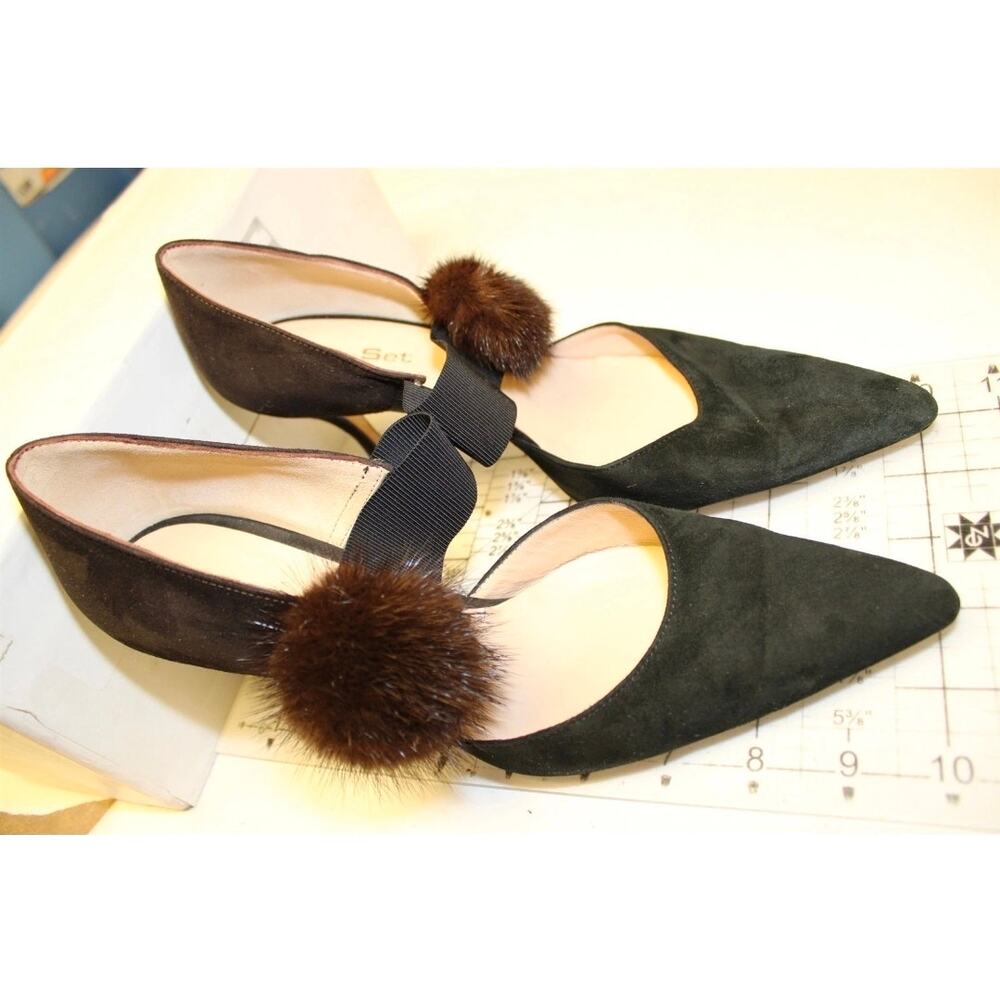 Jet-Set Paris Womens 8 38 Fur Pom Pom Suede Pointed Pumps Shoes Heels - Picture 14 of 16